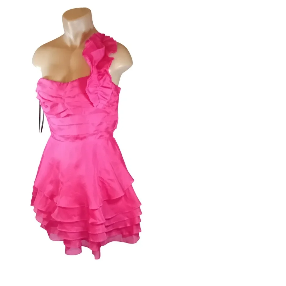 Vintage Y2K Bebe 100% Silk Mini Dress Hot Pink Ruffle One Shoulder Corset Back M - Picture 2 of 16